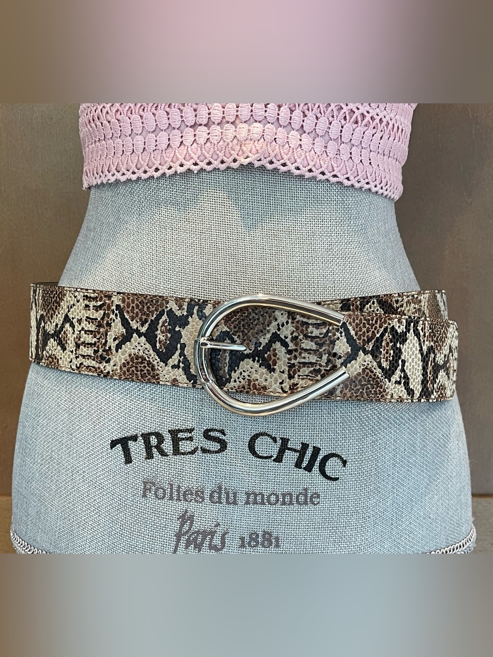 FABIO CORTI Italy Reptile Print Wide Leather Belt Silver Buckle Tan/Blk/Brown M
